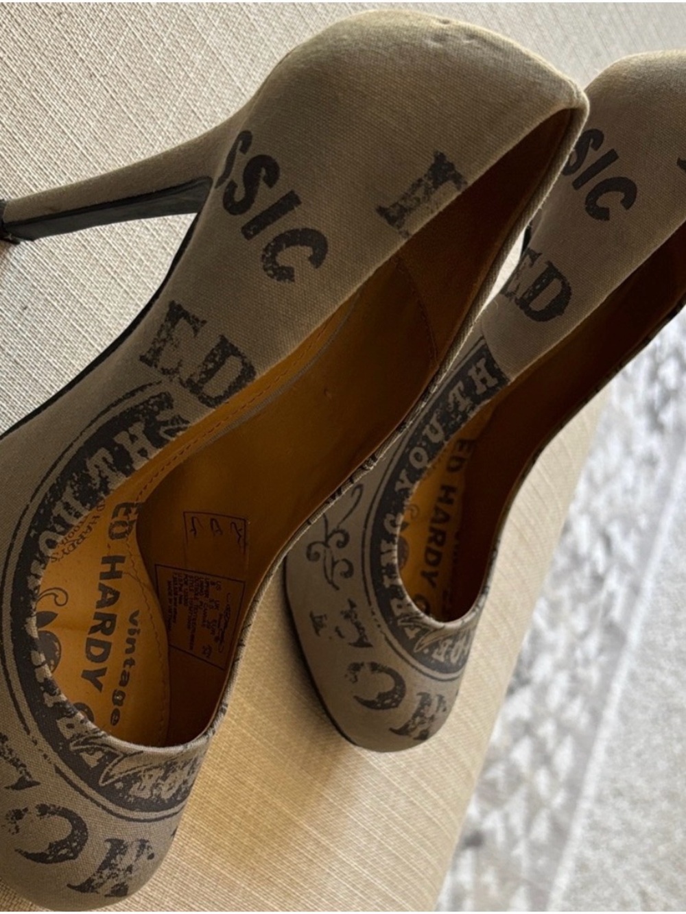 Ed Hardy Bold Tan and Brown Vintage Ink Love Kills Slowly Heels